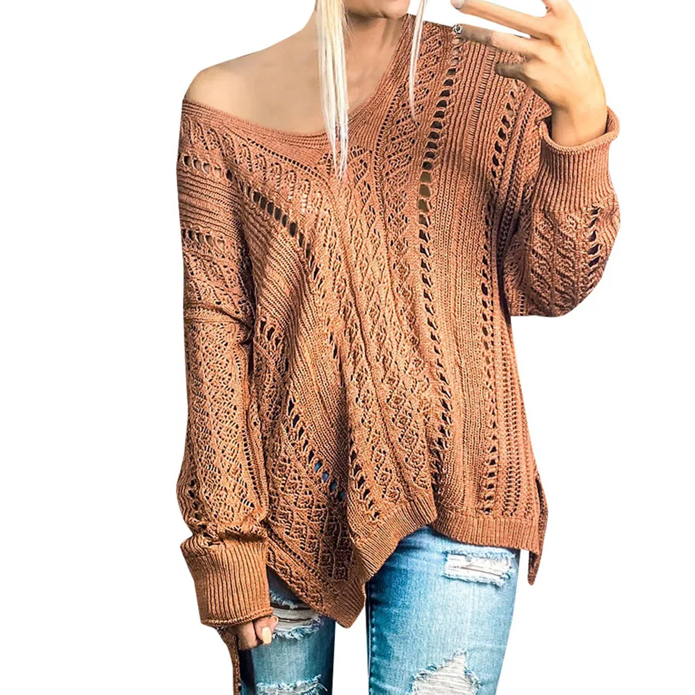 

Vintage Hollow Out Sweater Women Winter Holllow Out Pullovers Ladies Long Sleeve Irregular Sweaters Pull Femme Split Sweater D30