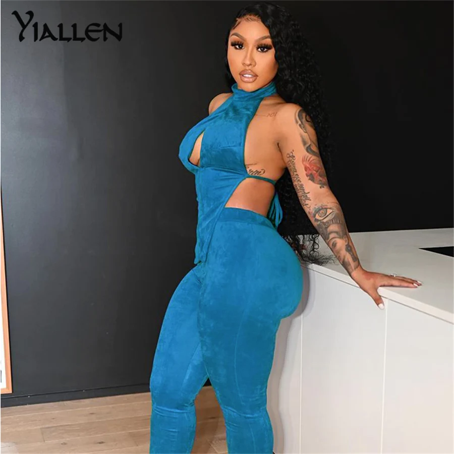

Yiallen 2021Velvet Bandage Backless Sleeveless Women 2 Piece Set Mock Neck Cut Out Tops+Pants Fashion Streetwear Matching Suit