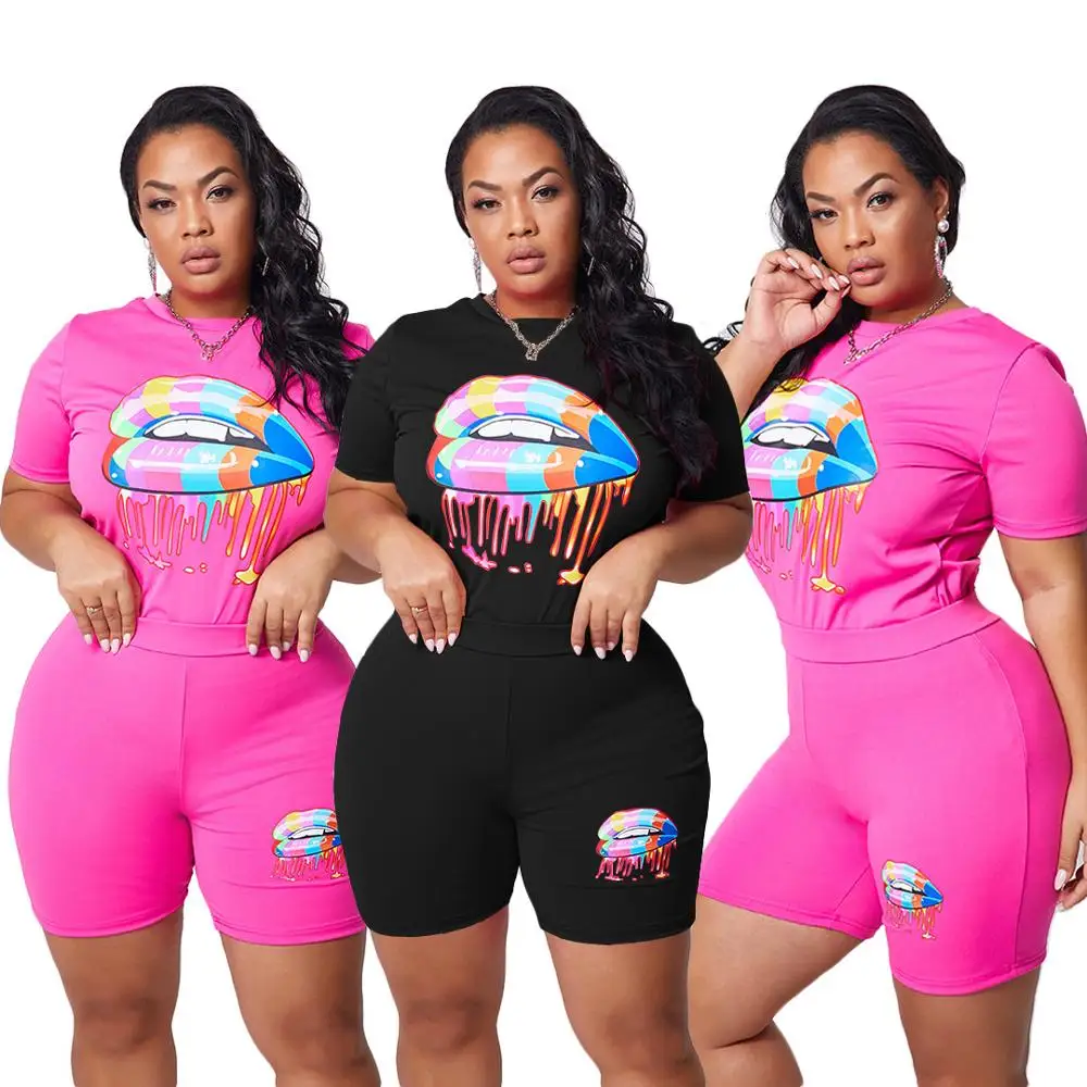 

2020 new lip print tight fit 2-piece fashion slim fit o-neck short sleeve T-shirt and shorts women's set