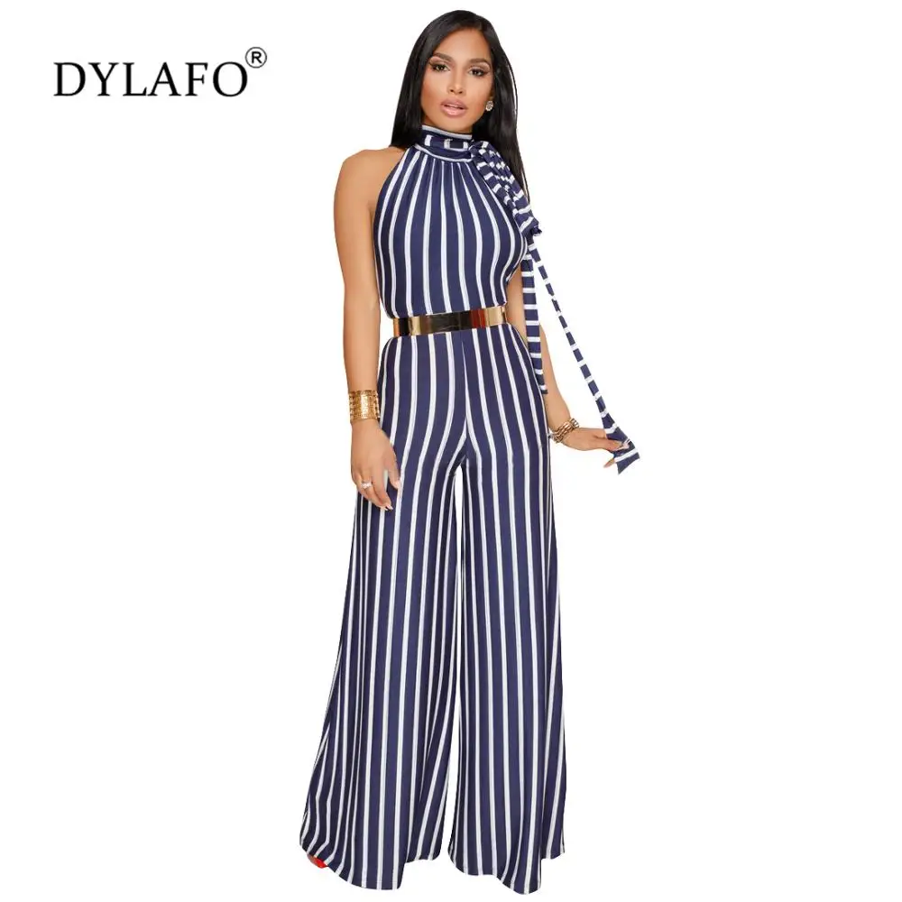 2019 Summer Autumn Halter Sashes Jumpsuit Women Sleeveless Casual Rompers Overalls Sexy Office Lady Striped Long Pants Jumpsuits