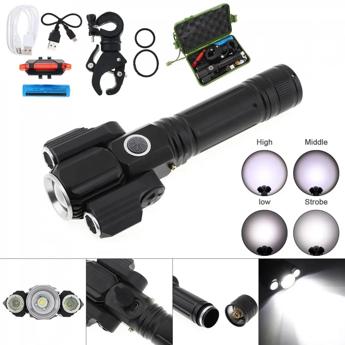 

Bright 300m 600 Lumens Rechargebale Flashlight Set Water-Resistant Zoomable with Taillight Bracket 4 Modes LED Torch for Cycling
