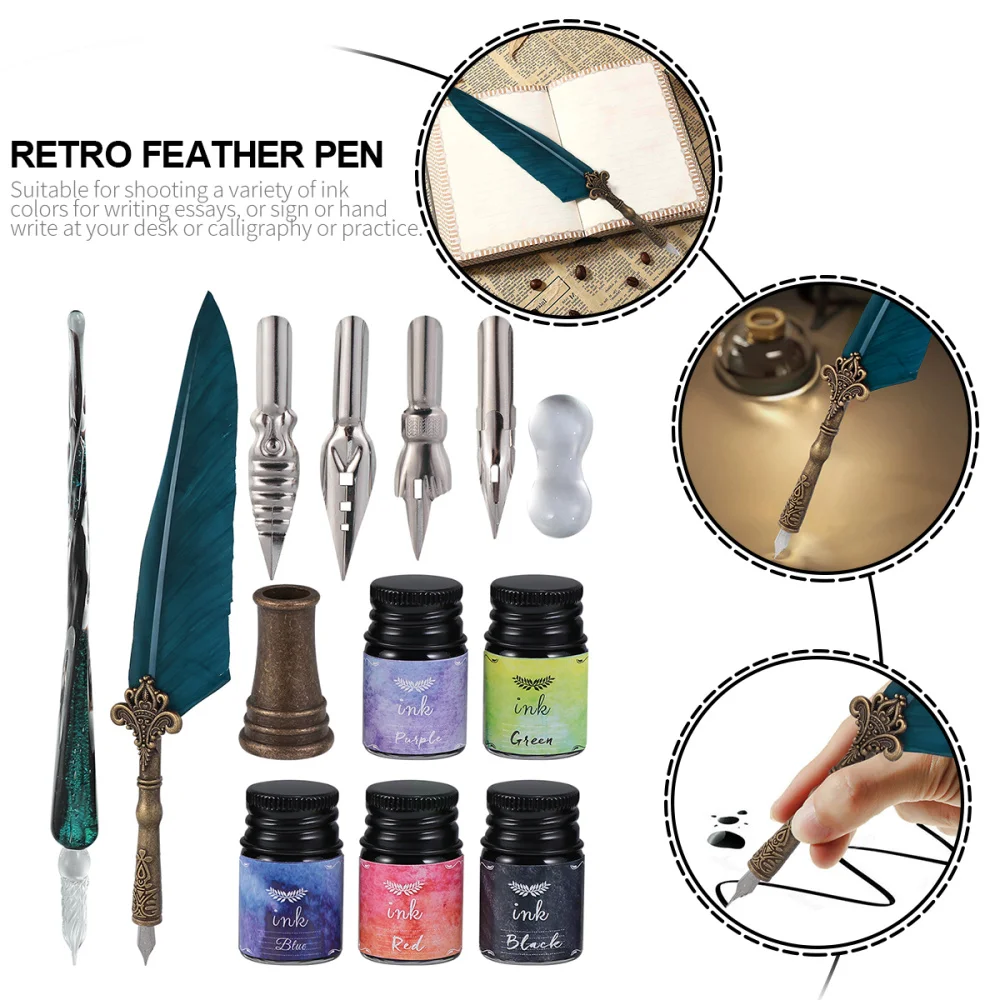 

1 Set Crystal Glass Pen Set Delicate Retro Feather Pen Kit Replaceable Pen Dip Kit Art Supplies for Home Office Studio Writing