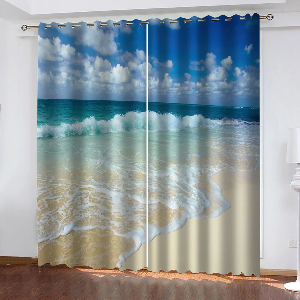 

blue beach curtains Landscape Scenery 3D Blackout Curtains For Living room Bedding room Drapes Cotinas para sala