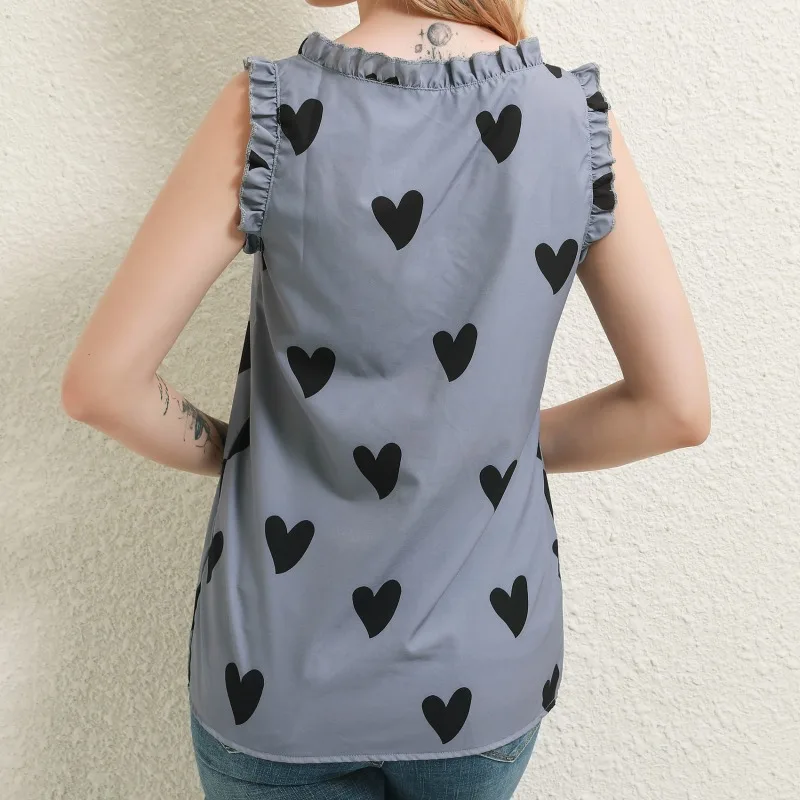 

2021 Summer T-Shirt Tees Love Printing V-Neck Ruffled Pleated Top High Quality Comfortable Simple Women Clothing New