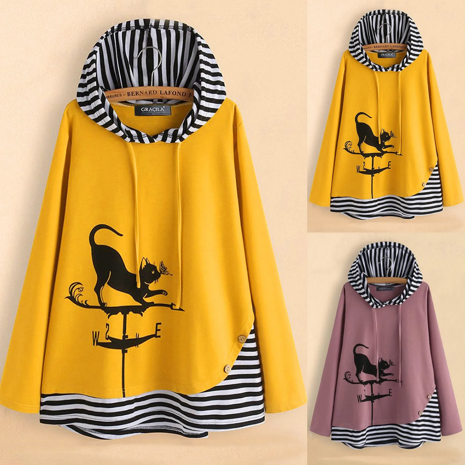 

Women Hoodies Oversized Hoodie Sweatshirts Cat Cartoon Print Tunic Tops Hooded Striped Long Sleeve Party Blouse Kawaii Jacket