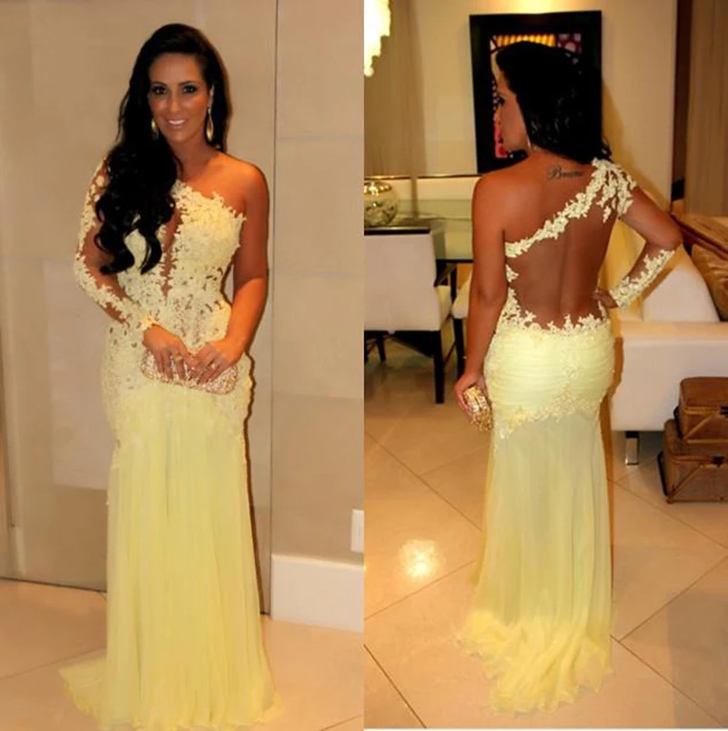 

2020 Modest Design One Shoulder Sheer Back Trumpet Pleats Flower Yellow Lace And Chiffon Connected Customize Prom Dresses