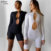 summer 2021 solid button hollow rompers women playsuits long sleeve fitness stretchy skinny streetwear female undefined outfits