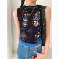 womens summer 2021 new design sense hole round neck slim sleeveless cropped cute tops contrasting color hollow knit vest top