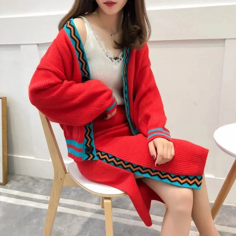 

Two Piece Autumn Sweater Skirt Sets Women Winter Knitted Long Sleeve Cardigan High Waist Slim Skirt Women Fashion Clothes f1363