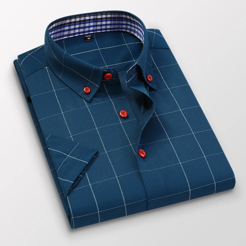 

Men Plaid Business Dress Shirt 2021 Summer Slim Casual Lapel Short Sleeve White Tuxedo Shirt Commute 5XL Tops Male Clothes
