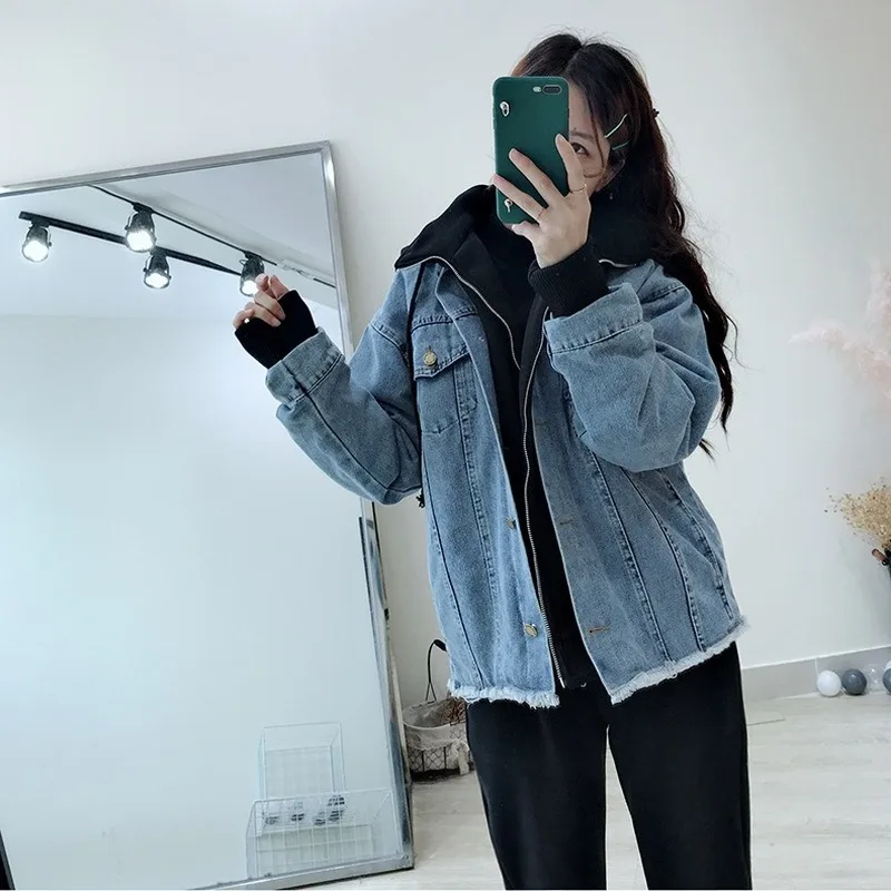 Джинсовая куртка с капюшоном джинсовая для женщин поддельные две части куртки из
