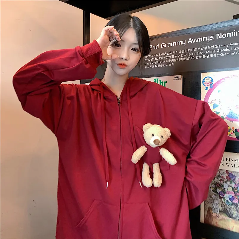 

New Autumn New Red Zipper Cute Bear Sweatshirt Women Hoodies Autumn Top In 2020 Sudadera Mujer En*