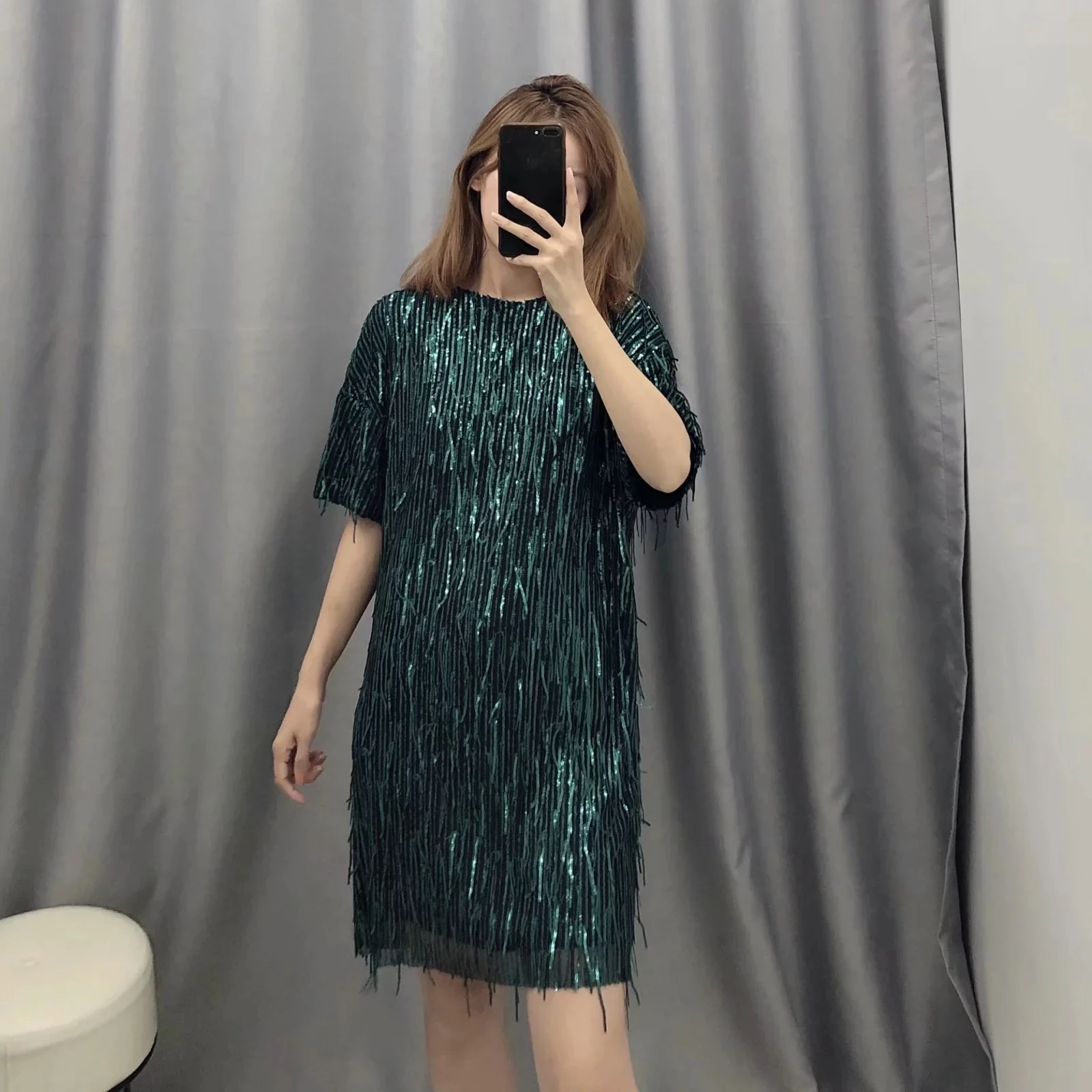 Женское платье с коротким рукавом блестками и бахромой модное женское