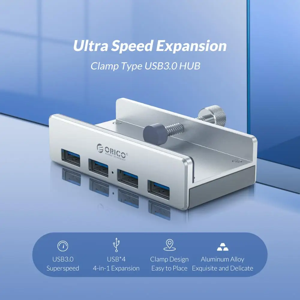 ORICO MH4PU алюминиевый 4 порта USB 3,0 Clip-хаб на зажиме для настольного ноутбука клип диапазон 10-32 мм с 100 см Дата-кабель-серебро