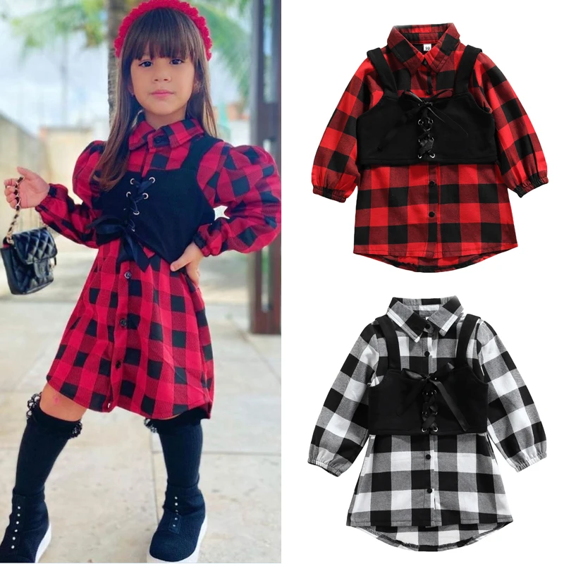 Осенний повседневный комплект одежды для девочек клетчатое платье с принтом и