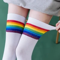 autumn and winter rainbow stripes knee length calf socks over the knee stockings cotton japanese and korean thigh socks women