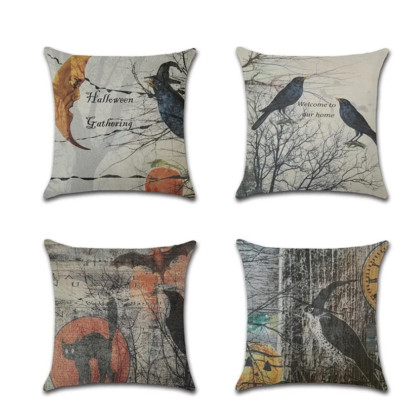

New Halloween Retro Crow Throw Pillow Covers Pillowcases Housse De Coussin Decorative Sofa Cushion Cover fundas cojines decor