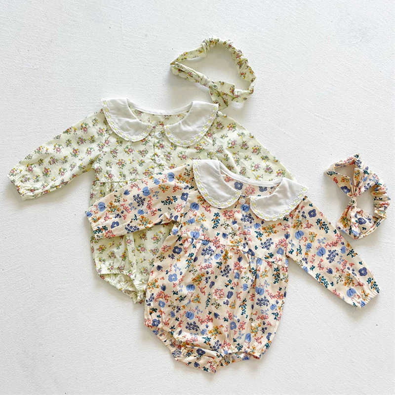 

Комбинезон для маленьких девочек + резинка для волос, хлопковое боди с длинным рукавом и цветочным принтом для маленьких девочек, Комбинезо...