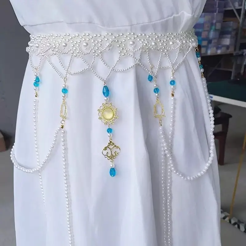 XinHuaEase Ancient Costume Hanfu Accessories Belt Waist Chain Ancient Long Tassel Pearl White Tang Style Flat Collar Photography