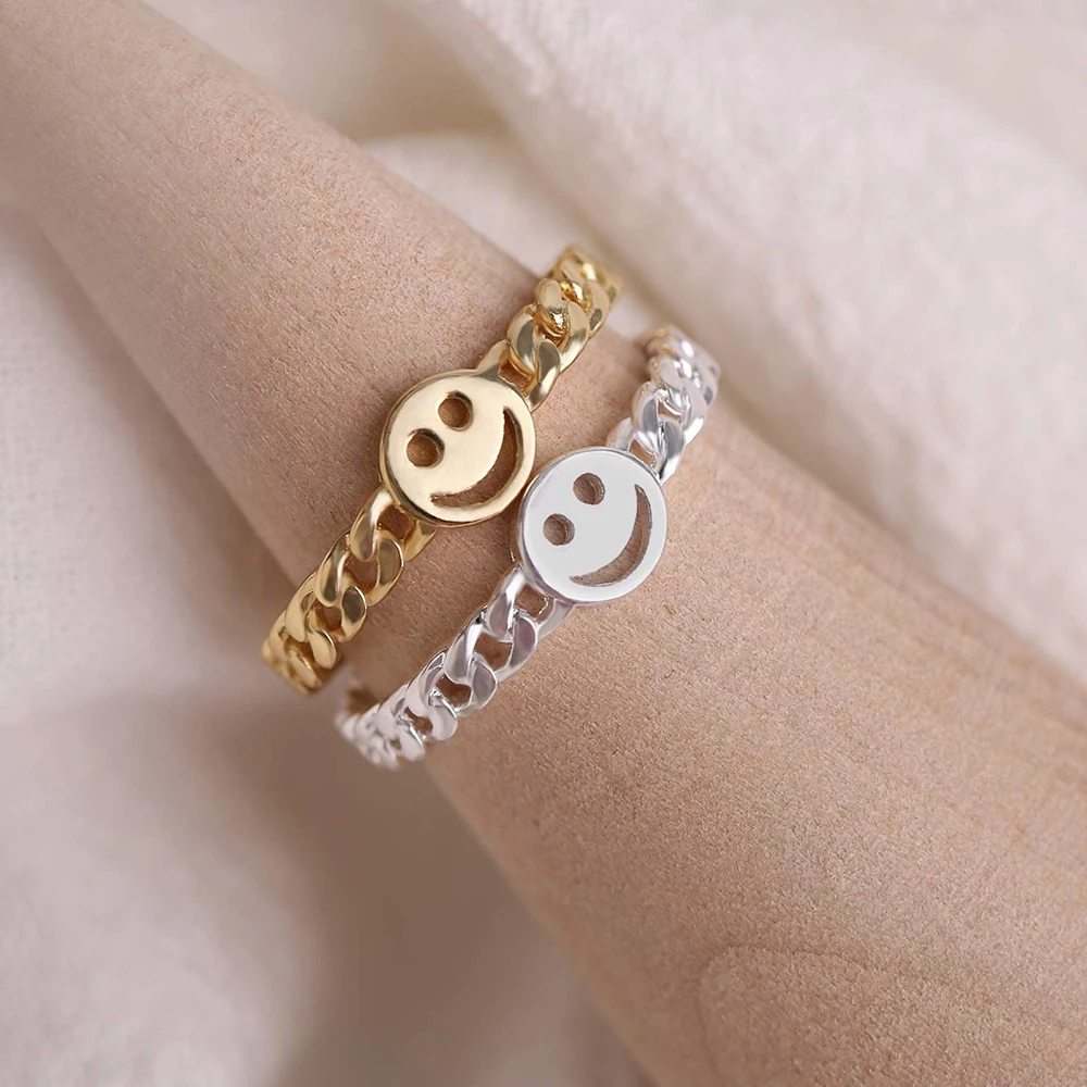 

Ghidbk Gold Silver Color Simple Chains Link Hollow Funny Smiley Rings For Women Summer Geometric Street Wedding Party Ring Gifts