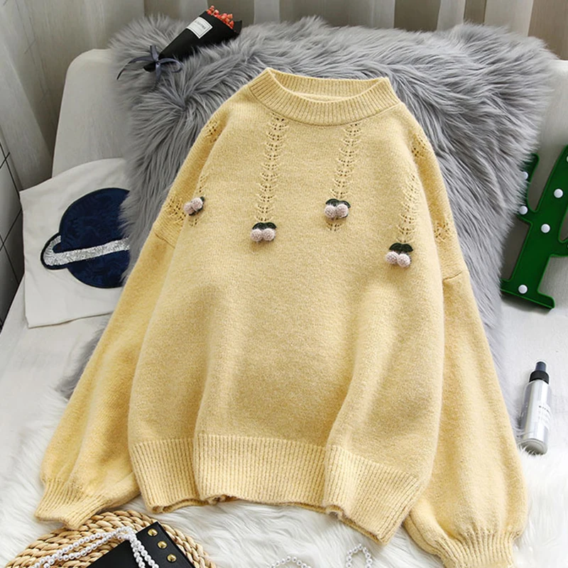

CHURSES Women Casual Sweet Lantern Seelve O-neck Floral Sweater Yellow Loose-fitting All-match Pulloves 2021 New Fashion Sweater