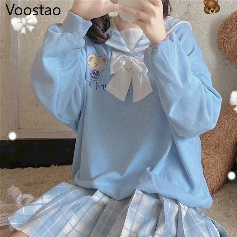 

Spring Autumn Sweet Lolita Style Hoodies Girls Cute Cartoon Bear Embroidery Sailor Collar JK Sweatshirt Women Kawaii Outerwear