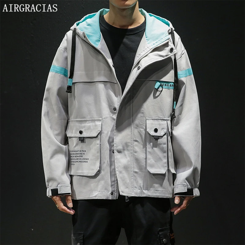 

AIRGRACIAS Jacket Men Oversize M-5XL Patchwork Pockets Hooded Fashion Streetwear Autumn Zipper Men 95% Cotton Loose Jackets