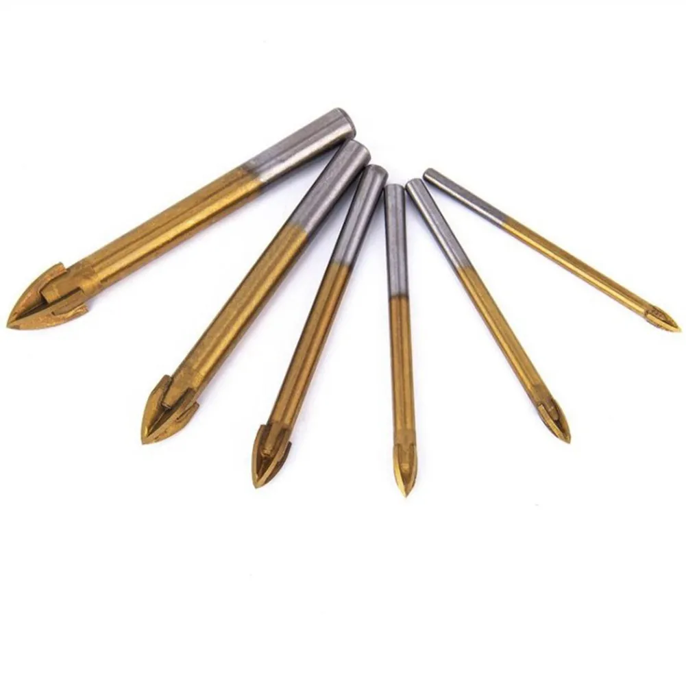 

6pcs Titanium Coated Glass Drill Bits Set 4 Cutting Edges Cross Spear Head Drill