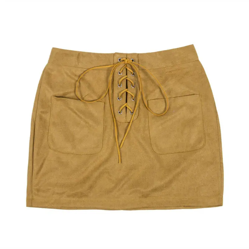 Женская кожаная замшевая короткая облегающая мини-юбка-карандаш на шнуровке с