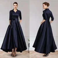 on sale charming dark navy mother of the bride dresses with 34 sleeves v neck bow belt wedding party dresses high low 2022