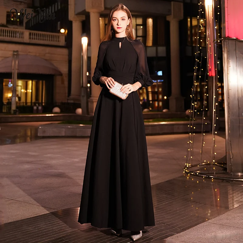 

Wei yin Black Elegant A Line Long Evening Dress 2021 New High Neck Long Sleeves Party Gown Bodice Vestido Longos WY1242