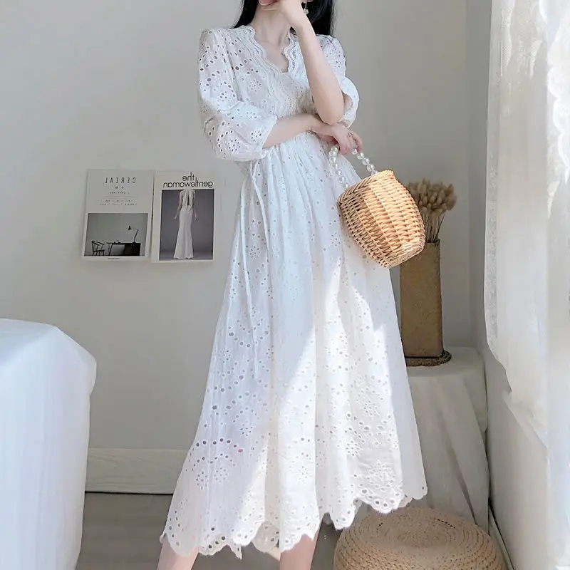 

Summer Lace Dress Women 2021 New Vintage Sexy Hollow Out Casual Drawstring Waist Beach White Dresses Party Vestidos