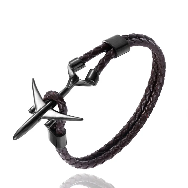 MKENDN Hot Sale Stainless Steel Airplane Anchor Bracelets Men Women Genuine Multilayer Leather Bracelet Freestyle Homme Jewelry