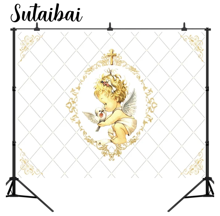 Baby Angel Baptism Holy Communion Backdrops White Gold Cross Baby Shower Photography Backgrounds Custom Photocall