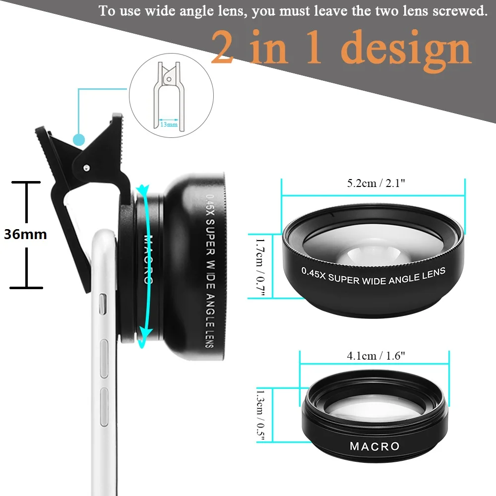 

New 2021 mobile phone lens kit for iPhone 6S 7 Xiaomi 0.45x ultra-wide-angle and 12.5x ultra-macro lens HD camera lens