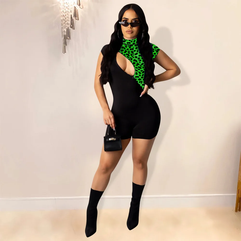 

Leopard patchwork hollow-out skinny short jumpsuit 2020 hot sale summer casual sexy women o neck short sleeve playsuit 3 color