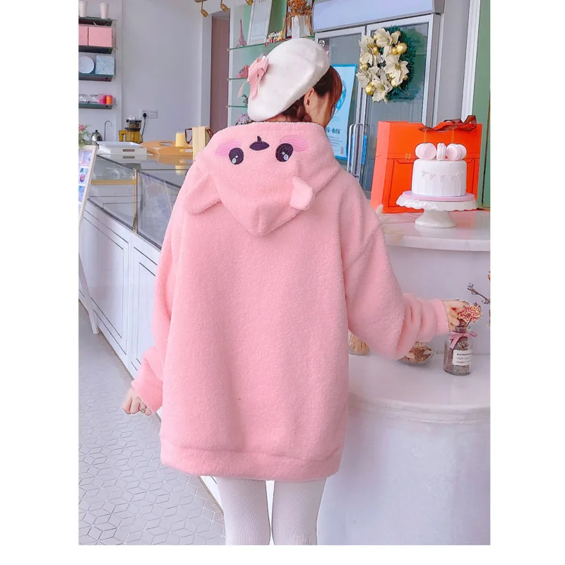 

Cartoon Long Sleeve Cute Pullovers Oversized Sweet Hoodie Plus Size Winter Lamb Fleece Sweatshirt Women Kawaii Japenese Tops