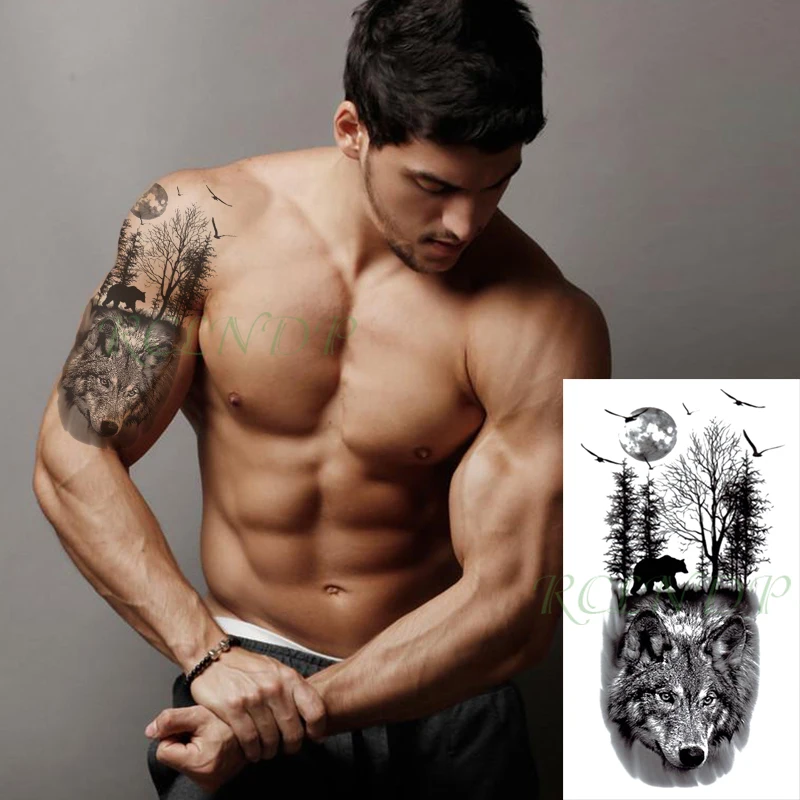 Водонепроницаемый временная татуировка Стикеры волк лес Луна Дерево с животным