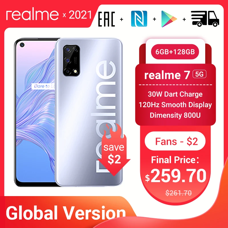  Realme 7 5G глобальная версия Dimensity 800U смартфон 6 ГБ 128 120 Гц Дисплей мобильный телефон 48MP Cam 5000 мА/ч, 30W Дротика зарядка NFC 