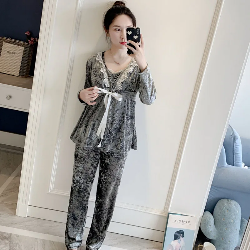 Модный женский халат и халат, комплект из 3 предметов, одежда для сна, Золотая Бархатная теплая зимняя Домашняя одежда, комплект для сна, Женская домашняя одежда, ночное белье