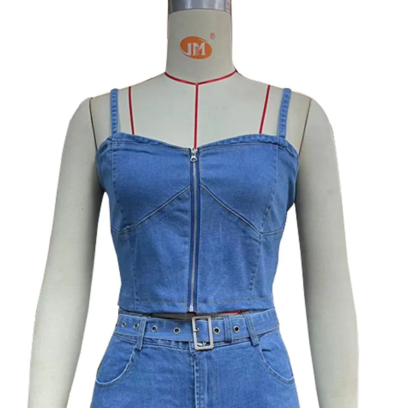 

Sexy Zipper Wrapped Chest Bare Navel Denim Camisole Denim Skirt New