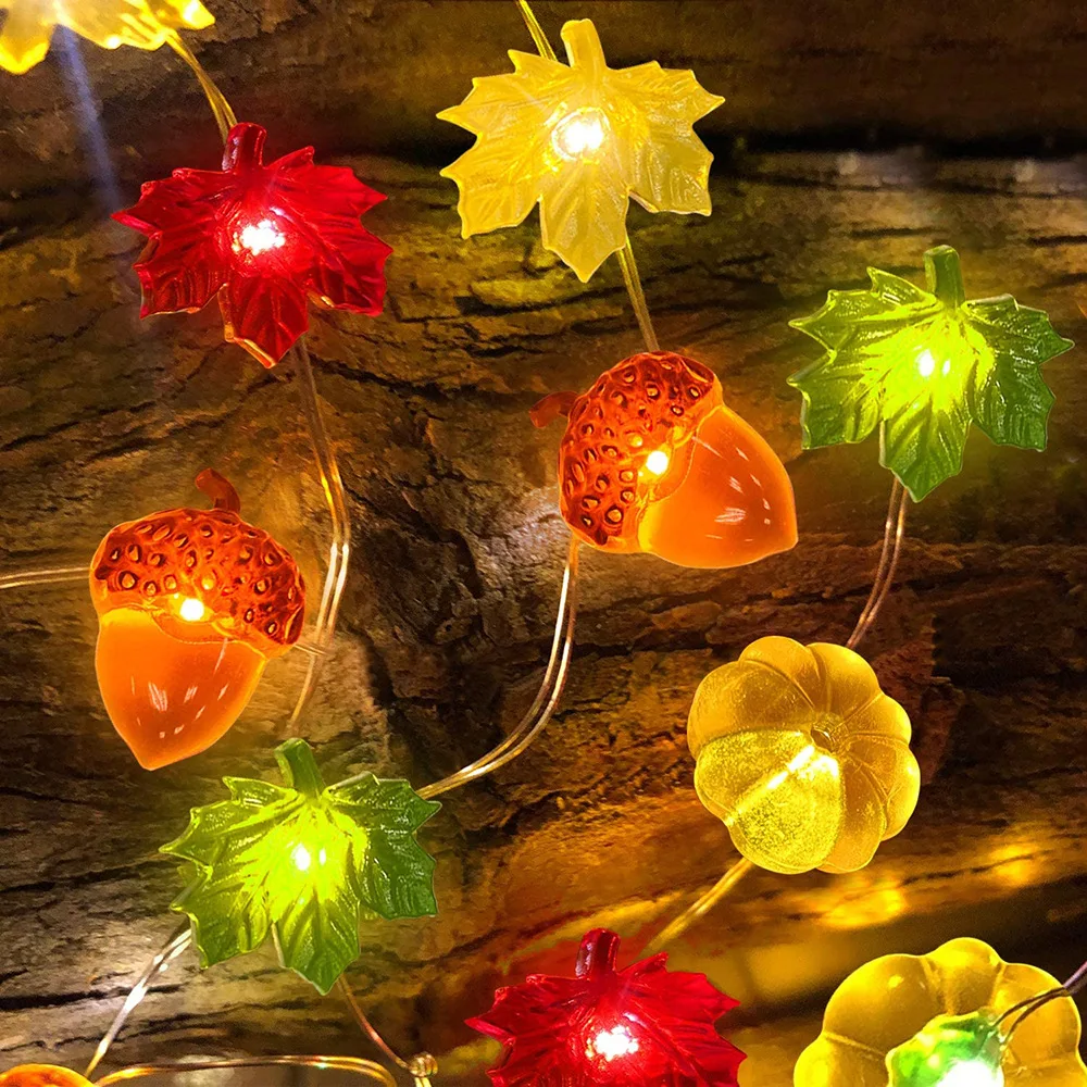 

Led Pumpkin Maple Leaf String Lights Thanksgiving Decoration Acorn String Lights Remote Control Indoor Decoration String Lights