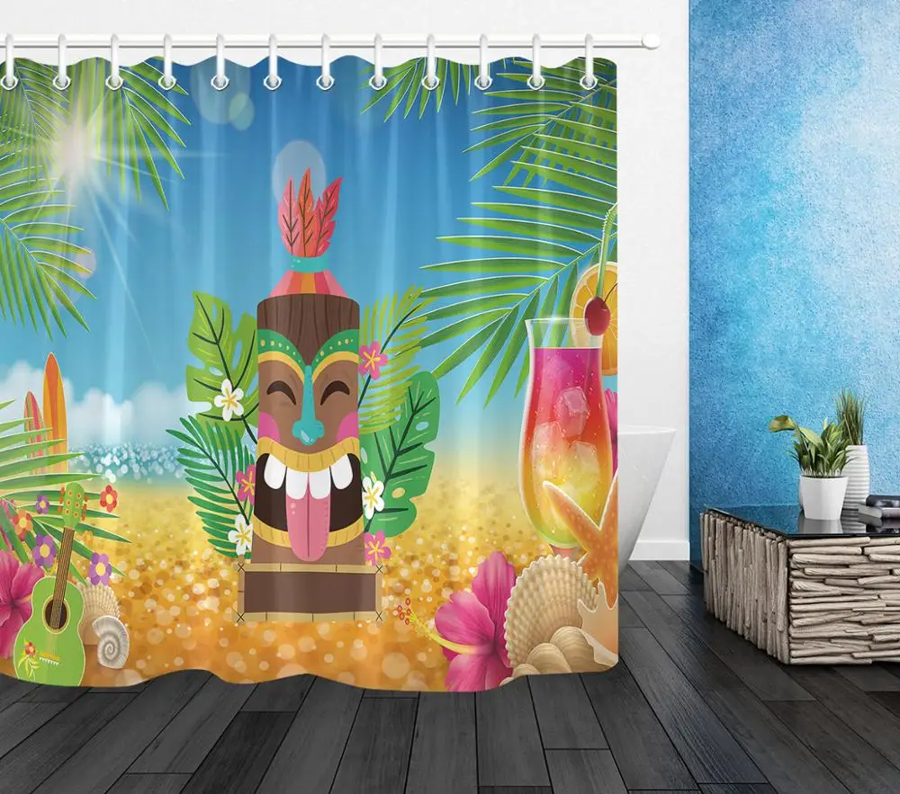 

Гавайская тропическая занавеска для душа с листьями и цветами для ванной, Полиэстеровая ткань для ванной, водонепроницаемая летняя занавес...