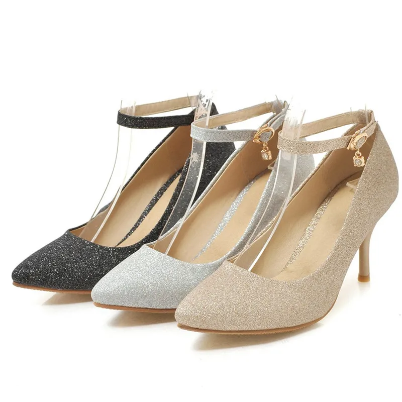 

AGODOR 2020 Women Shoes Sexy Thin High Heels Plus Size Bling Glitter Pumps Spring Pointed Toe Ankle Strap Wedding Ladies Shoes