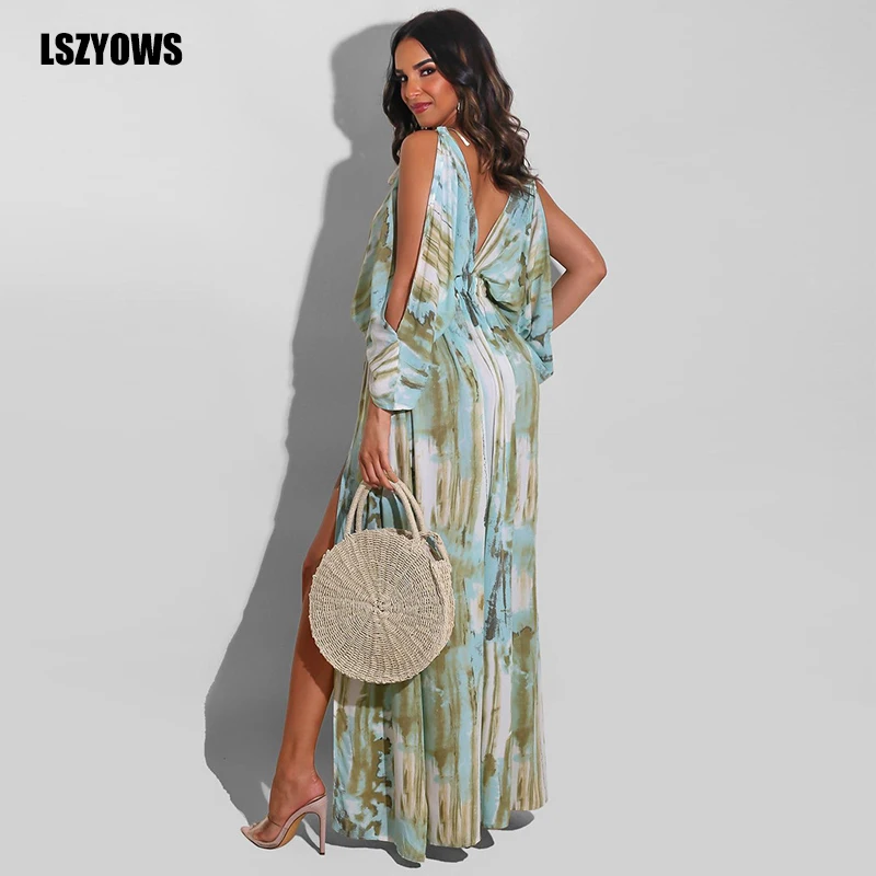

Elegant Boho Long Dress Women Casual Sundress Sexy V-Neck Backless High Split Maxi Dress Vintage Printed Party Dresses Plus Size