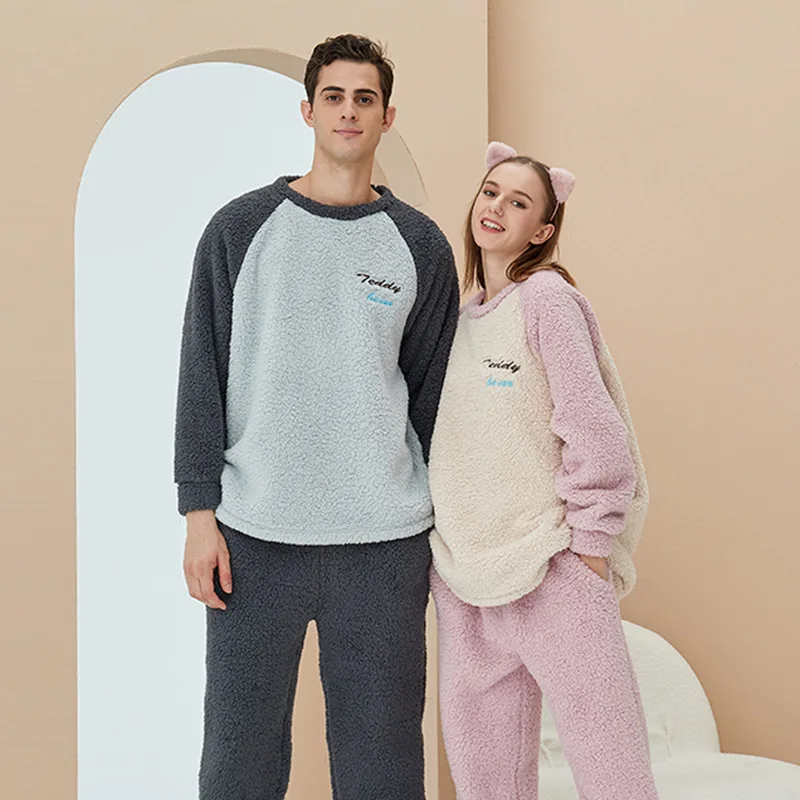

2021 New Couple Pajamas Women's Autumn and Winter Lambswool Long Sleeve Trousers Suit plus Size Men's Home Wear pijama mujer
