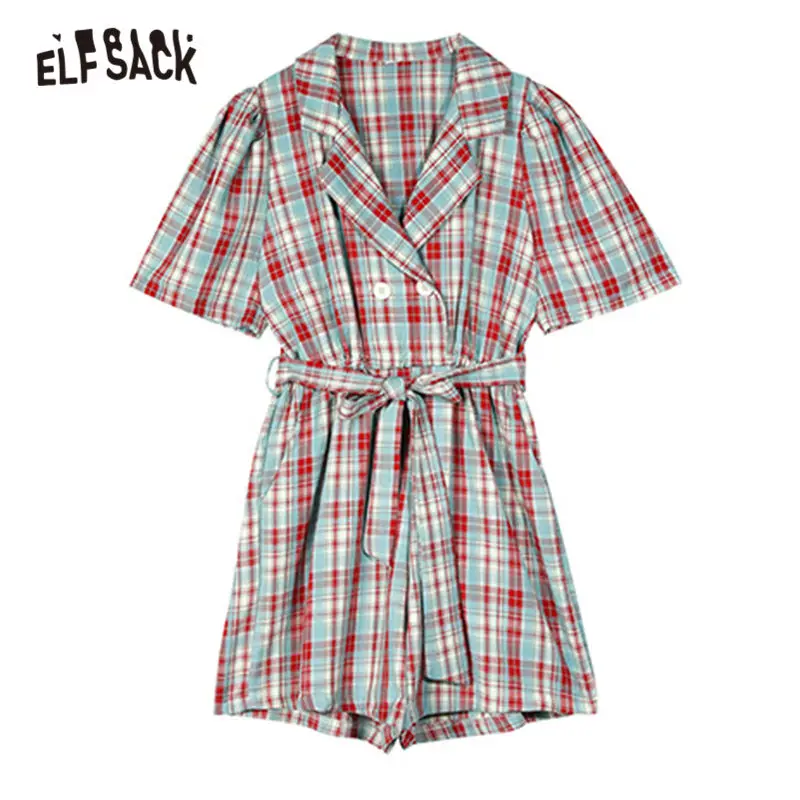 

ELFSACK Red Plaid British Casual Overalls Women 2020 Summer ELF Blue Colorblock Puff Sleeve Belted Korean Ladies Daily Rompers
