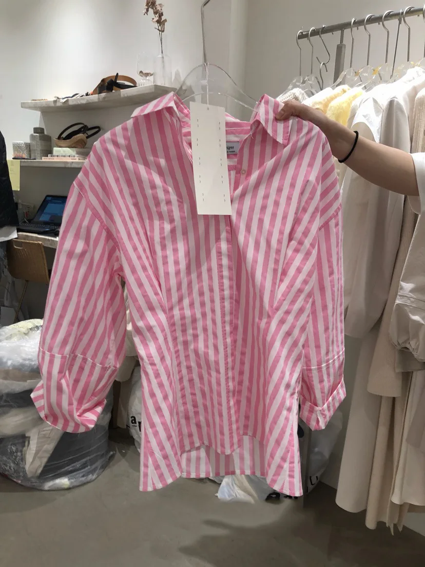 

Korean dongdamen 2021 spring new women's wear Korean stripe contrast long sleeve shirt women's casual top