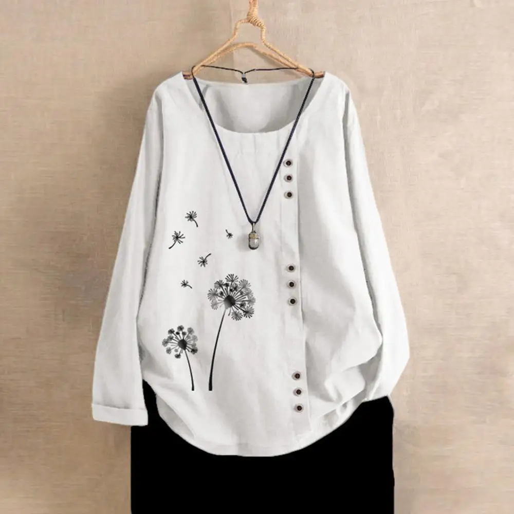 5XL Women Loose Button Plus Size Print Boho Tanic Shirt Casual o neck fashion new summer autumn hot Blouse Tops clothes - Цвет: autumn White print