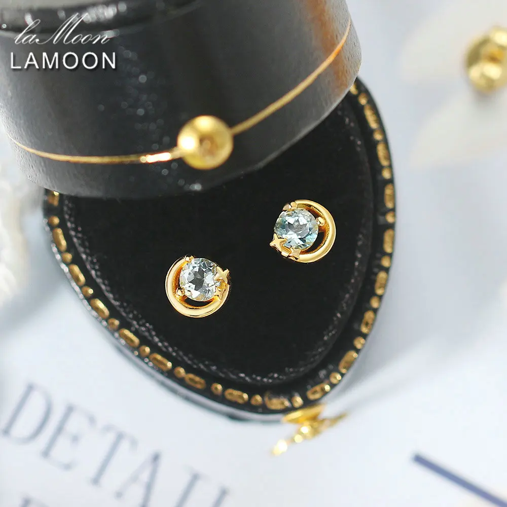 

LAMOON S925 серебряные серьги-гвоздики в виде капель с кристаллами в форме Для женщин с изображением Луны и звезд, Натуральный топаз драгоценный ...